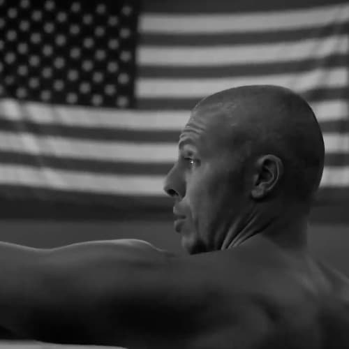 Brute de Force, in profile, against an American flag